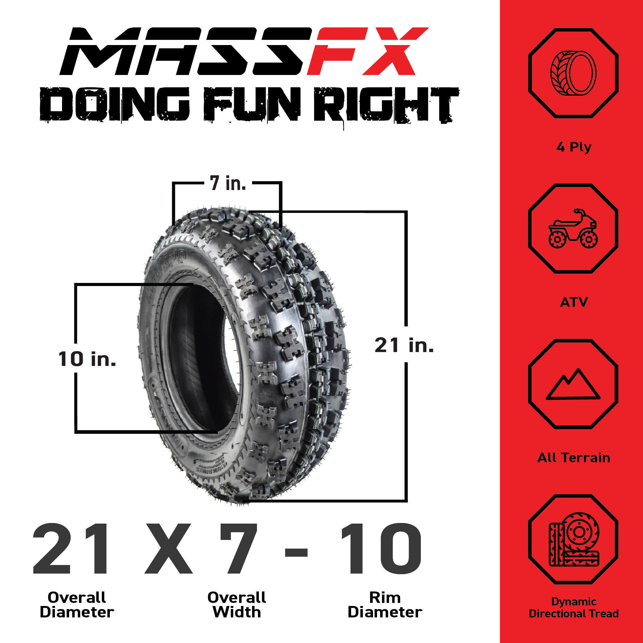 MASSFX 21x7-10 Front (2) & 20x10-9 Rear (2) Tires for ATV, UTV