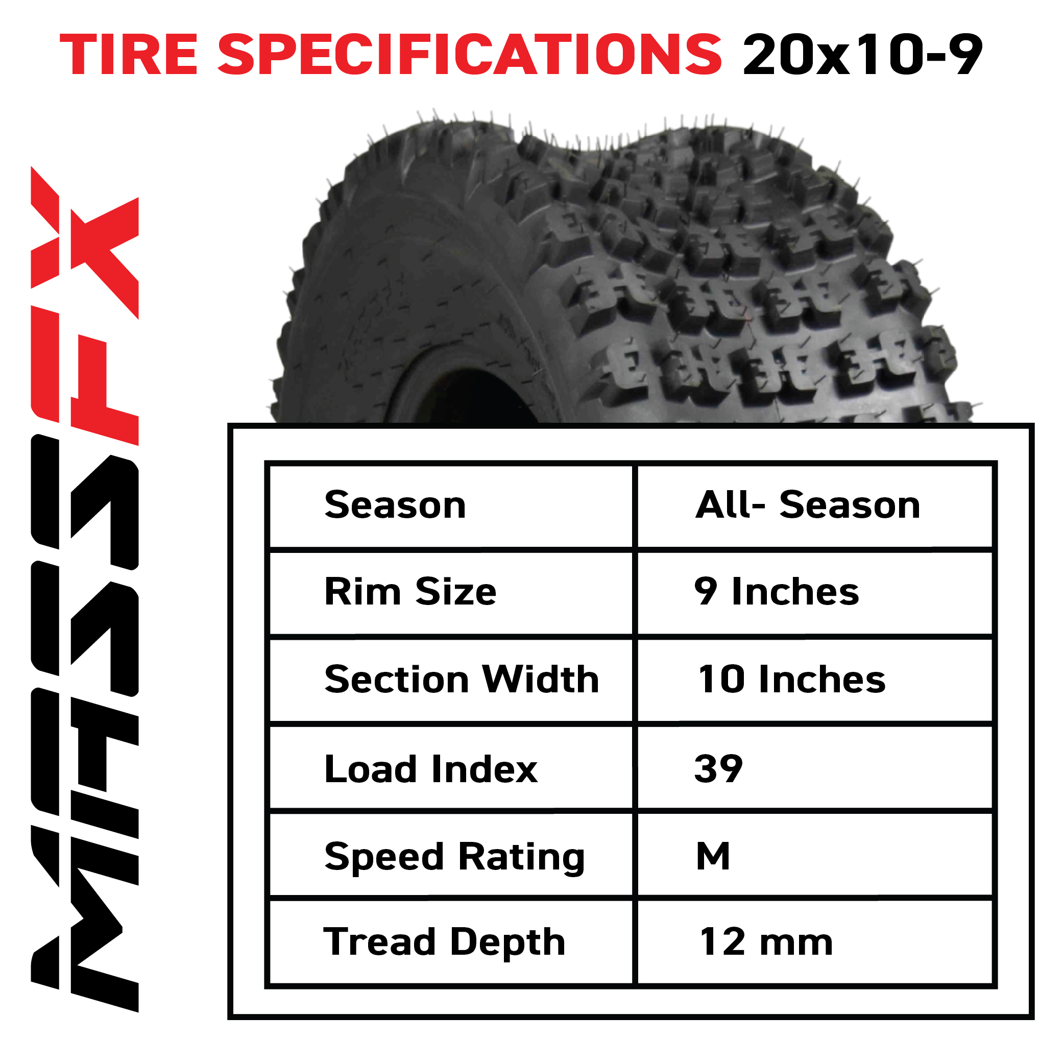 thumbnail image 2 of MASSFX 20x10-9 Dual Compound Off-Road ATV Rear Tires - 6 Ply, 2 Pack, EOS20109 2 of 4